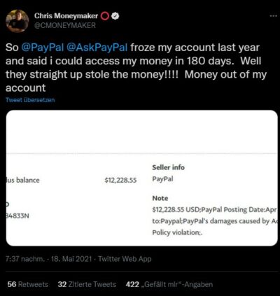 Screenshot of a public post by Chris Moneymaker about a frozen PayPal account, shown above a PayPal seller information panel listing $12,228.55 and a note describing PayPal's damages caused by an Acceptable Use Policy violation