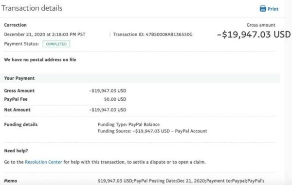 PayPal transaction details screen dated 21 December 2020 showing a gross amount of minus $19,947.03 USD funded from the PayPal balance, with a memo line naming a payment to PayPal